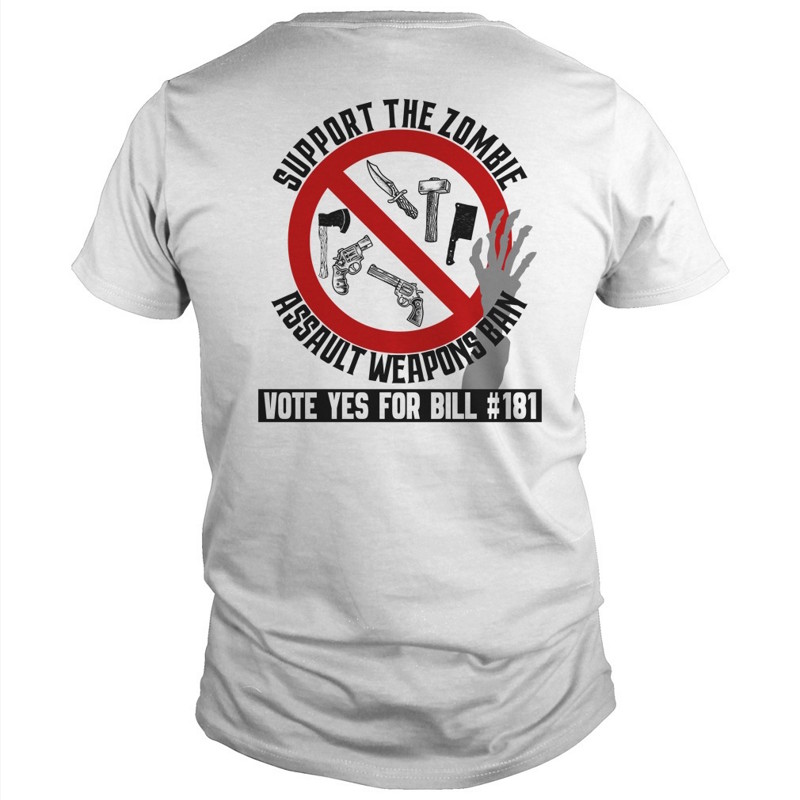 Back view of the Zombie Assault Weapons Ban t-shirt